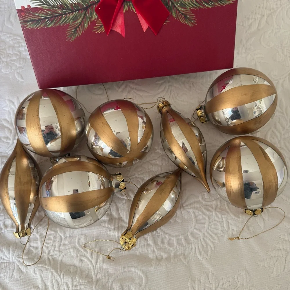 Vintage 8 Gold and Silver Glass Christmas Ornaments. Box included.